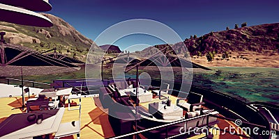 Extremely detailed and realistc high resolution 3D illustration of a luxury Super Yacht at a tropcial Island Stock Photo
