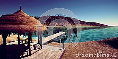 Extremely detailed and realistc high resolution 3D illustration of luxury vacation at a tropcial Island Stock Photo