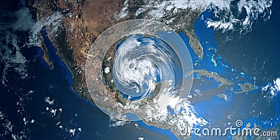 Extremely detailed and realistic high resolution 3D illustration of a hurricane approaching USA. Shot from Space. Cartoon Illustration