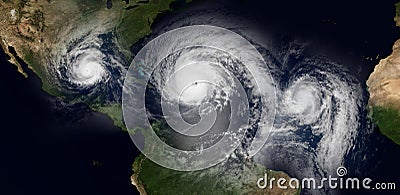 Extremely detailed and realistic high resolution 3d illustration of 3 hurricanes approaching the Caribbean Islands and Florida. Cartoon Illustration