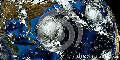 Extremely detailed and realistic high resolution 3D illustration of 2 hurricanes approaching the USA. Shot from Space. Elements of Cartoon Illustration