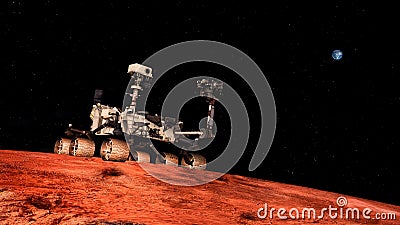 Extremely detailed and realistic high resolution 3D illustration a Space Exploration Vehicle on Mars. Shot from space Cartoon Illustration