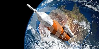 Extremely detailed and realistic high resolution 3D illustration of a Space Launch System SLS Rocket. Shot from Space. Cartoon Illustration