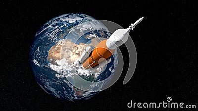 Extremely detailed and realistic high resolution 3D illustration of a Space Launch System SLS Rocket. Shot from Space. Cartoon Illustration