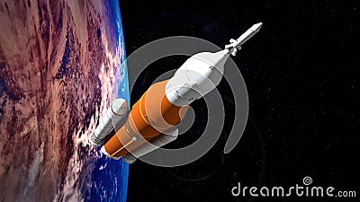 Extremely detailed and realistic high resolution 3D illustration of a Space Launch System SLS Rocket. Shot from Space. Cartoon Illustration