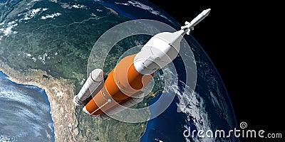 Extremely detailed and realistic high resolution 3D illustration of a Space Launch System SLS Rocket. Shot from Space. Cartoon Illustration