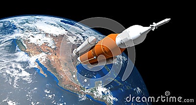 Extremely detailed and realistic high resolution 3D illustration of a Space Launch System SLS Rocket. Shot from Space. Cartoon Illustration