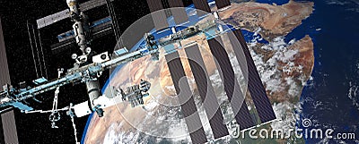 Extremely detailed and realistic high resolution 3D image of ISS International Space Station orbiting Earth shot from outer space. Stock Photo