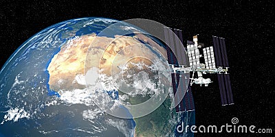 Extremely detailed and realistic high resolution 3D image of ISS International Space Station orbiting Earth shot from outer space. Stock Photo