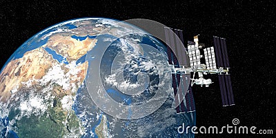 Extremely detailed and realistic high resolution 3D image of ISS International Space Station orbiting Earth shot from outer space. Stock Photo