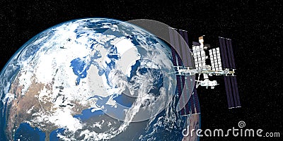 Extremely detailed and realistic high resolution 3D image of ISS International Space Station orbiting Earth shot from outer space. Stock Photo