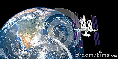 Extremely detailed and realistic high resolution 3D image of ISS International Space Station orbiting Earth shot from outer space. Stock Photo