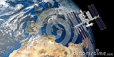 Extremely detailed and realistic high resolution 3D image of ISS International Space Station orbiting Earth shot from outer space. Stock Photo