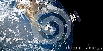 Extremely detailed and realistic high resolution 3D image of ISS International Space Station orbiting Earth shot from outer space. Stock Photo