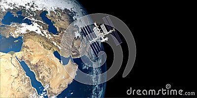 Extremely detailed and realistic high resolution 3D image of ISS International Space Station orbiting Earth shot from outer space. Stock Photo