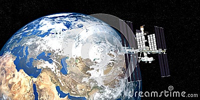 Extremely detailed and realistic high resolution 3D image of ISS International Space Station orbiting Earth shot from outer space. Stock Photo