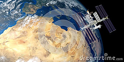 Extremely detailed and realistic high resolution 3D image of ISS International Space Station orbiting Earth shot from outer space. Stock Photo