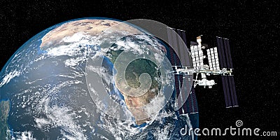 Extremely detailed and realistic high resolution 3D image of ISS International Space Station orbiting Earth shot from outer space. Stock Photo