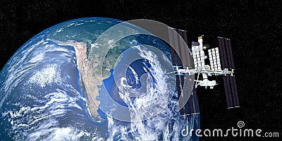 Extremely detailed and realistic high resolution 3D image of ISS International Space Station orbiting Earth shot from outer space. Stock Photo