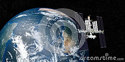 Extremely detailed and realistic high resolution 3D image of ISS International Space Station orbiting Earth shot from outer space. Stock Photo