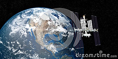 Extremely detailed and realistic high resolution 3D image of ISS International Space Station orbiting Earth shot from outer space. Stock Photo