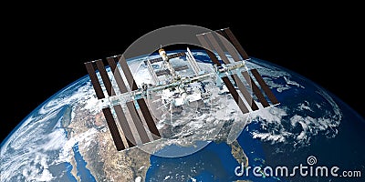 Extremely detailed and realistic high resolution 3D image of ISS International Space Station orbiting Earth shot from outer space. Stock Photo