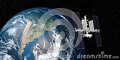 Extremely detailed and realistic high resolution 3D image of ISS International Space Station orbiting Earth shot from outer space. Stock Photo