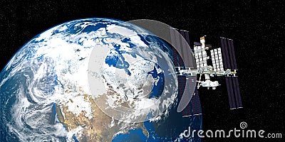 Extremely detailed and realistic high resolution 3D image of ISS International Space Station orbiting Earth shot from outer space. Stock Photo