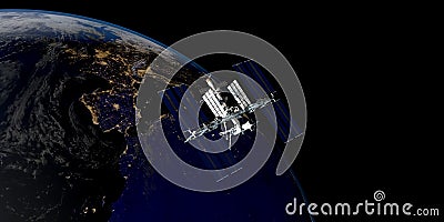 Extremely detailed and realistic high resolution 3D image of a satellite orbiting Earth. Shot from space Stock Photo