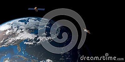 Extremely detailed and realistic high resolution 3D image of a satellite orbiting Earth. Shot from space Stock Photo