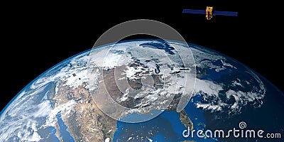 Extremely detailed and realistic high resolution 3D image of a satellite orbiting Earth. Shot from space Stock Photo