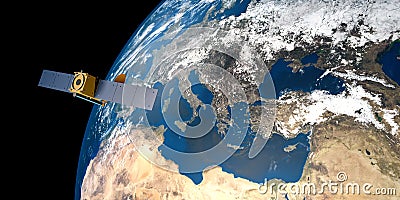 Extremely detailed and realistic high resolution 3D image of a satellite orbiting Earth. Shot from space Stock Photo
