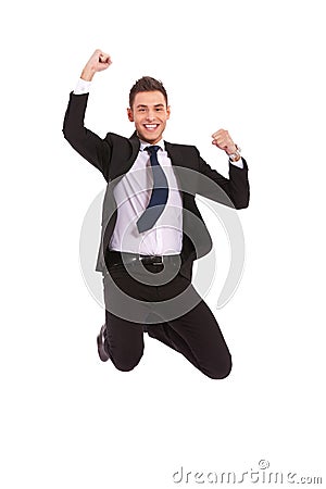 Extremely excited business man jumping Stock Photo