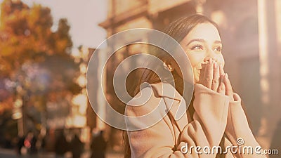 Extremely happy young lady feeling inspired, dream come true, new life beginning Stock Photo