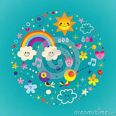 Extremely impressive round composition illustration with cute birds, flowers, Sun, rainbow, clouds, raindrops Vector Illustration