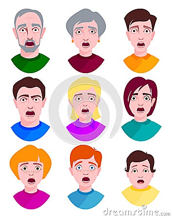 Extremely surprised young people shock portrait and frightened face emotions afraid expression person with open mouth Vector Illustration