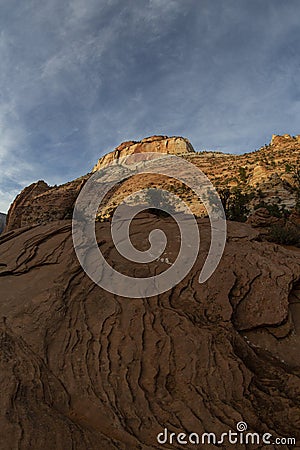 wavy rock formation in wide angle shot of zion national park mountains Stock Photo