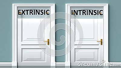 Extrinsic and intrinsic as a choice - pictured as words Extrinsic, intrinsic on doors to show that Extrinsic and intrinsic are Cartoon Illustration