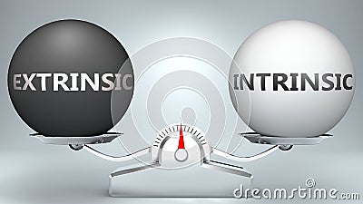 Extrinsic and intrinsic in balance - pictured as a scale and words Extrinsic, intrinsic - to symbolize desired harmony between Cartoon Illustration