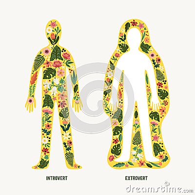 Extrovert and introvert. Extraversion and introversion concept - silhouettes of two human bodies with an abstract image Vector Illustration