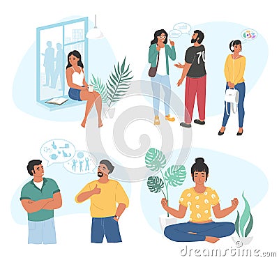 Extrovert and introvert. Extraverted and introverted mindset people. Extraversion, introversion, vector illustration. Vector Illustration