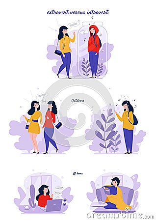 Extrovert and introvert personality types. Extraverted, introverted mindset people. Extroversion, introversion, vector Vector Illustration