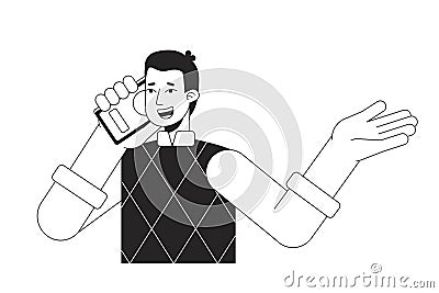 Extroverted man having conversation on phone bw vector spot illustration Vector Illustration