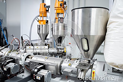 Extruder machine for extrusion of plastic material, close-up view Stock Photo