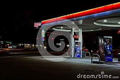 Exxon gas station at night Editorial Stock Photo