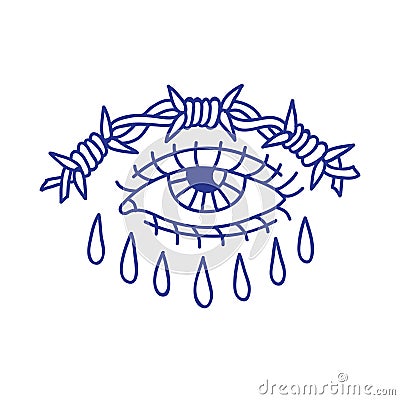 Eye with barbed wire doodle icon, traditional tattoo illustration Cartoon Illustration