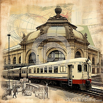 Eye-catching collage of vintage train stations Stock Photo