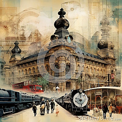 Eye-catching collage of vintage train stations Stock Photo