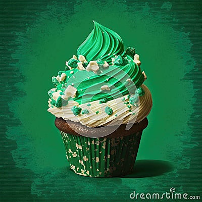 St. Patrick's day cupcake on green with three-leaved shamrocks (four leaf clove) on top generative AI Stock Photo