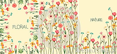 An eye-catching floral backdrop with a of blossoming multicolored wildflowers and the inscription nature and floral Vector Illustration